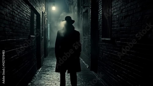 A man in a hat and coat is walking down a dark alleyway
