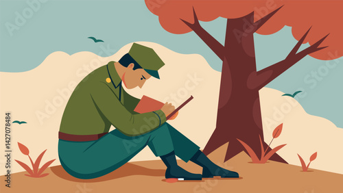 During a lull in the fighting a stoic soldier leans against a tree writing down memories of loved ones and the things he fights to protect.. Vector illustration