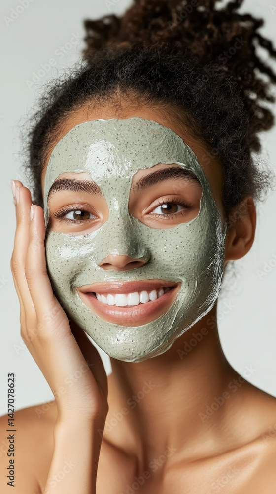 Smiling woman applying green clay face mask for skincare Smiling woman applying green clay face mask for skincare