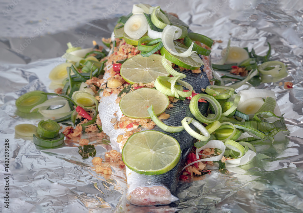 Prepare Whole Baked Salmon with Herbs on aluminium foil. ingredient include Coriander root, Ginger, Galangal, Kaffir lime, Leek, chopped together and Bird's eye chili with Slice lemons. Copy space.