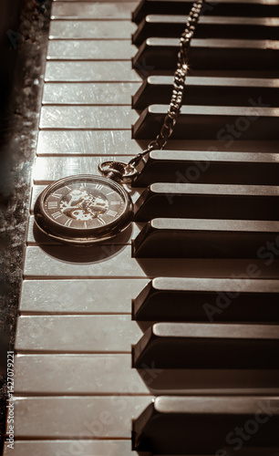 Obraz na płótnie Perspective of Retro pocket watch or Antique pocket watch on Piano keys background in Vintage tone.