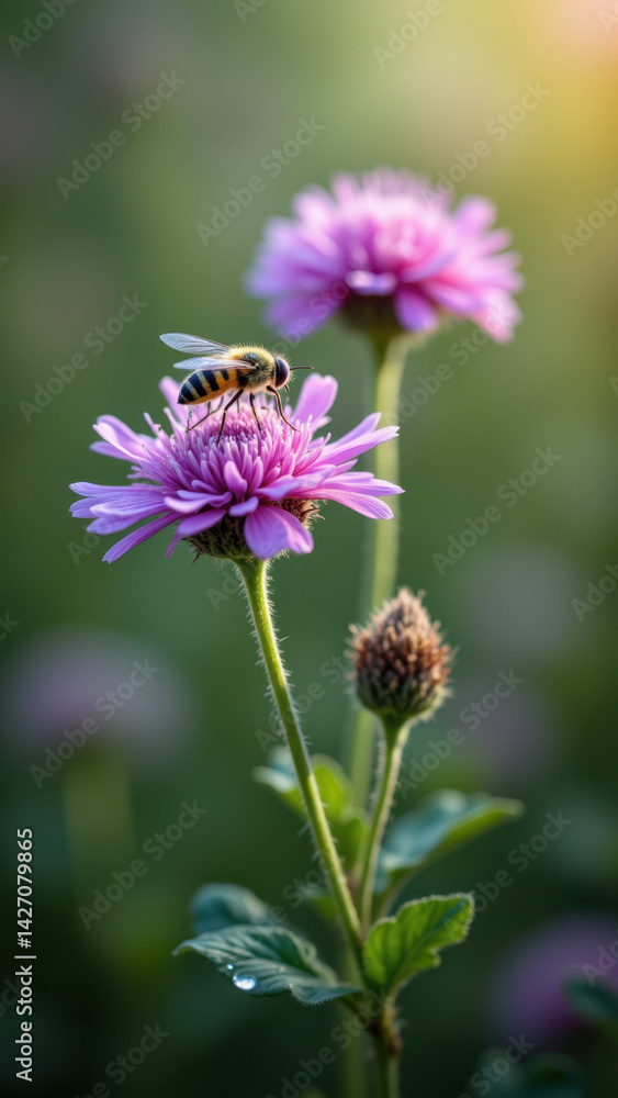 Close-up of a bee collecting nectar from pink flowers in a field. Close-up of a bee collecting nectar from pink flowers in a field.