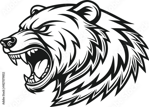 Wallpaper Mural  Fierce grizzly bear head mascot logo, snarling expression, sharp teeth, aggressive pose, detailed fur texture, black and white illustration, vector art style Torontodigital.ca