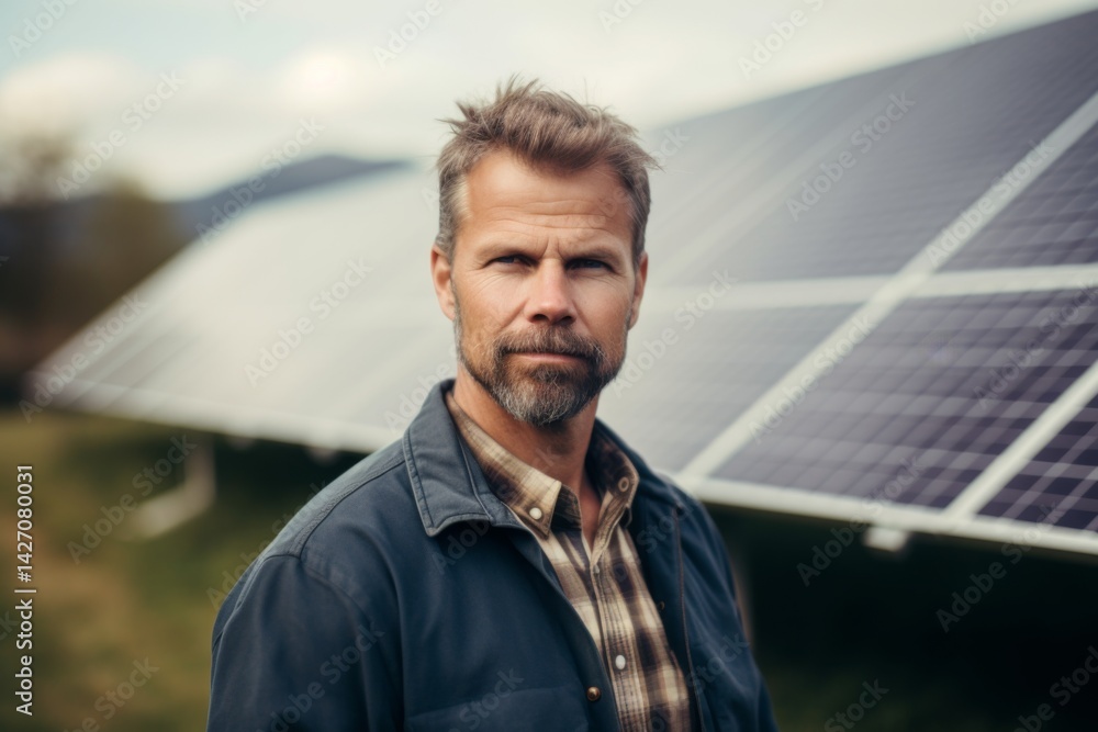 portrait of a middle aged man engineer standing in front of solar panels on farm portrait of a middle aged man engineer standing in front of solar panels on farm