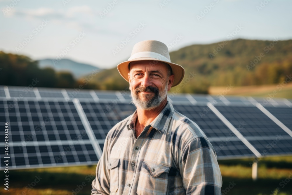 portrait of a middle aged man engineer standing in front of solar panels on farm portrait of a middle aged man engineer standing in front of solar panels on farm