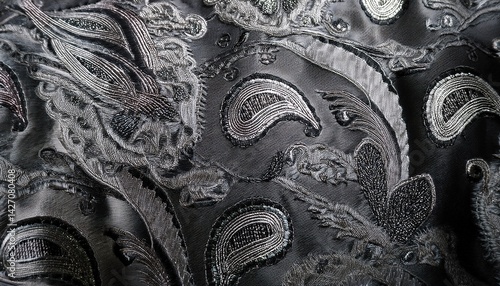 a sophisticated jacquard fabric texture background with intricate paisley patterns in silver and black the raised woven design and elegant motifs create a luxurious ornate and decorative textile