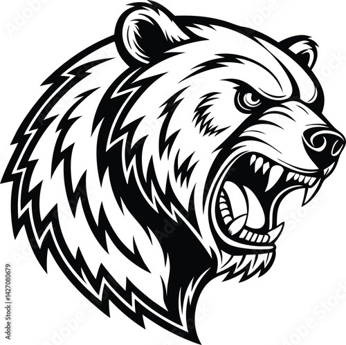  Fierce grizzly bear head mascot logo, snarling expression, sharp teeth, aggressive pose, detailed fur texture, black and white illustration, vector art style