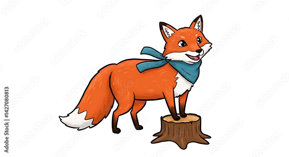 Obraz premium Stylish fox portrait on a tree stump with bandana, cartoon illustration