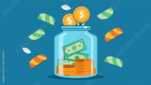 A glass jar overflowing with coins and dollar bills symbolizing the constant accumulation of interest on student loans.. Vector illustration