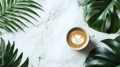 Aesthetic top view of a hot coffee cup on a flat lay marble background, complemented by lush tropical leaves placed elegantly on the side, creating a serene and stylish composition