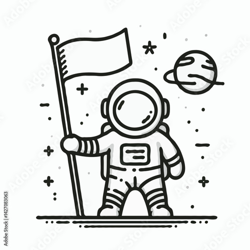 Astronaut holding flag with planet in background line art