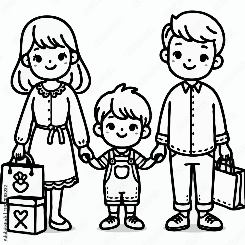 Happy family shopping together in cartoon line art style Happy family shopping together in cartoon line art style