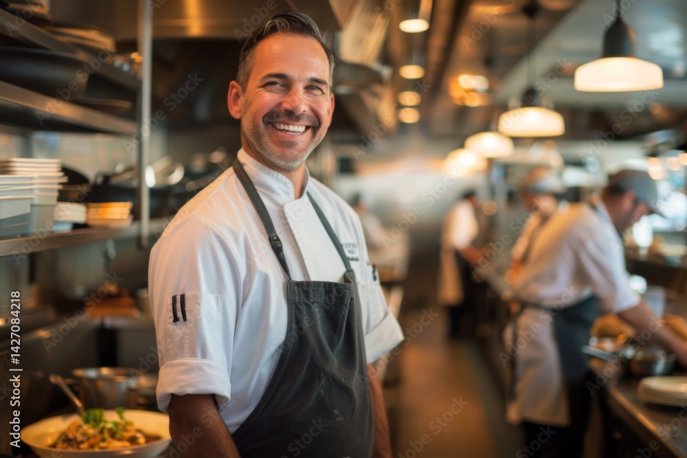 Portrait of smiling American chef in restaurant kitchen Portrait of smiling American chef in restaurant kitchen