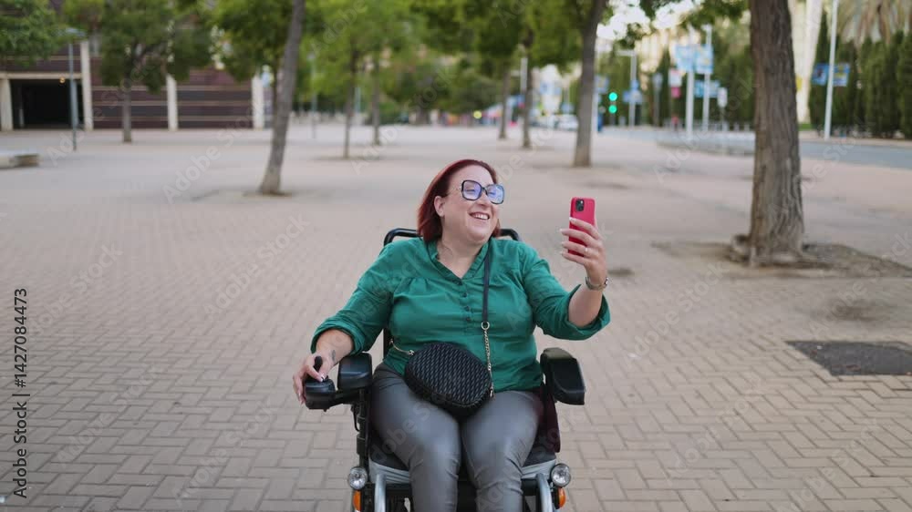 Happy disabled woman making a video call on an electric wheelchair Happy disabled woman making a video call on an electric wheelchair