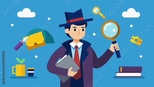 A student dressed as a detective magnifying glass in hand searching for the elusive clues and requirements needed for various scholarships.. Vector illustration