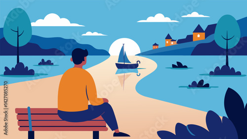 A person sits on a bench by a peaceful canal watching boats float lazily by and contemplating the concept of time.. Vector illustration