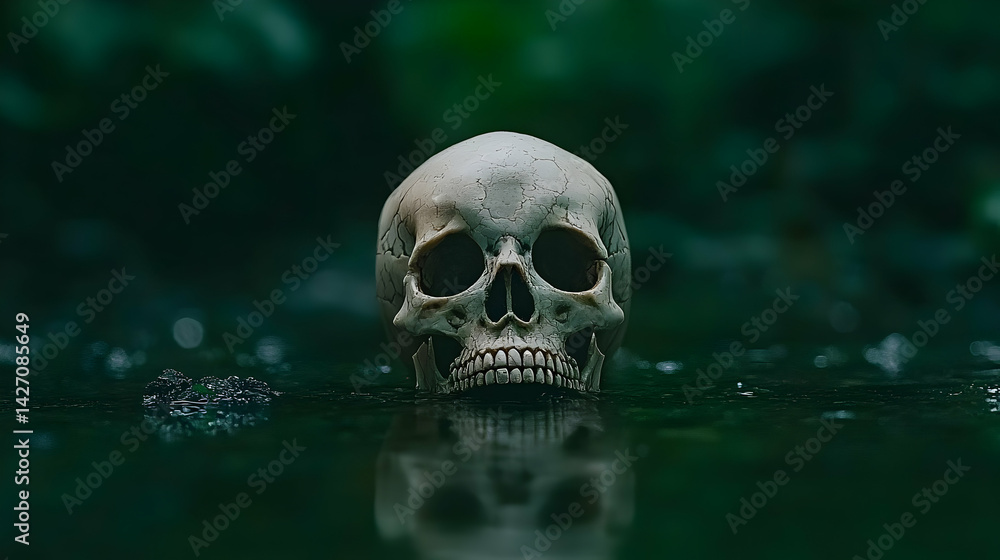 Gray Skull Reflection In Dark Green Water Gray Skull Reflection In Dark Green Water