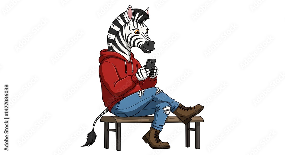 Fototapeta premium Illustration of a fashionable zebra texting on a smartphone while resting on a bench