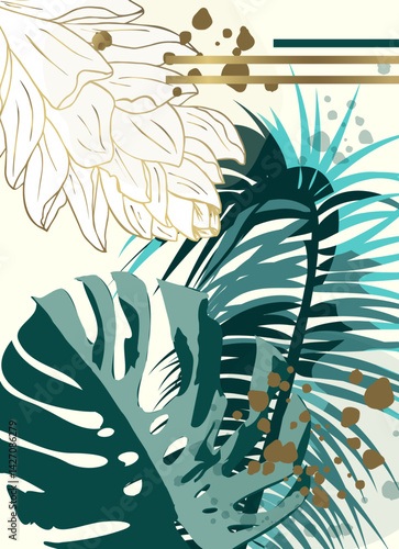 Luxury Tropical Botanical Wall Art. Elegant Green and Gold Monstera, Palm Leaves, and Exotic Flower Illustration. Modern Digital Print for Stylish Interior and Home Decor.