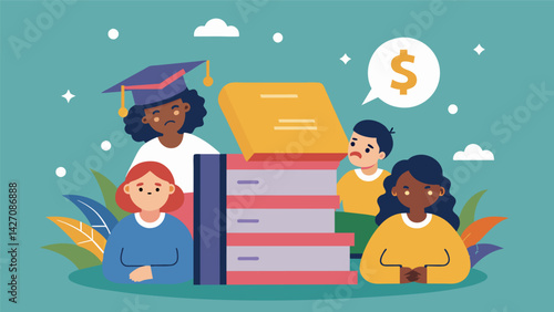 A graphic illustration of a textbook with a price tag of hundreds of dollars surrounded by upset and frustrated students.. Vector illustration