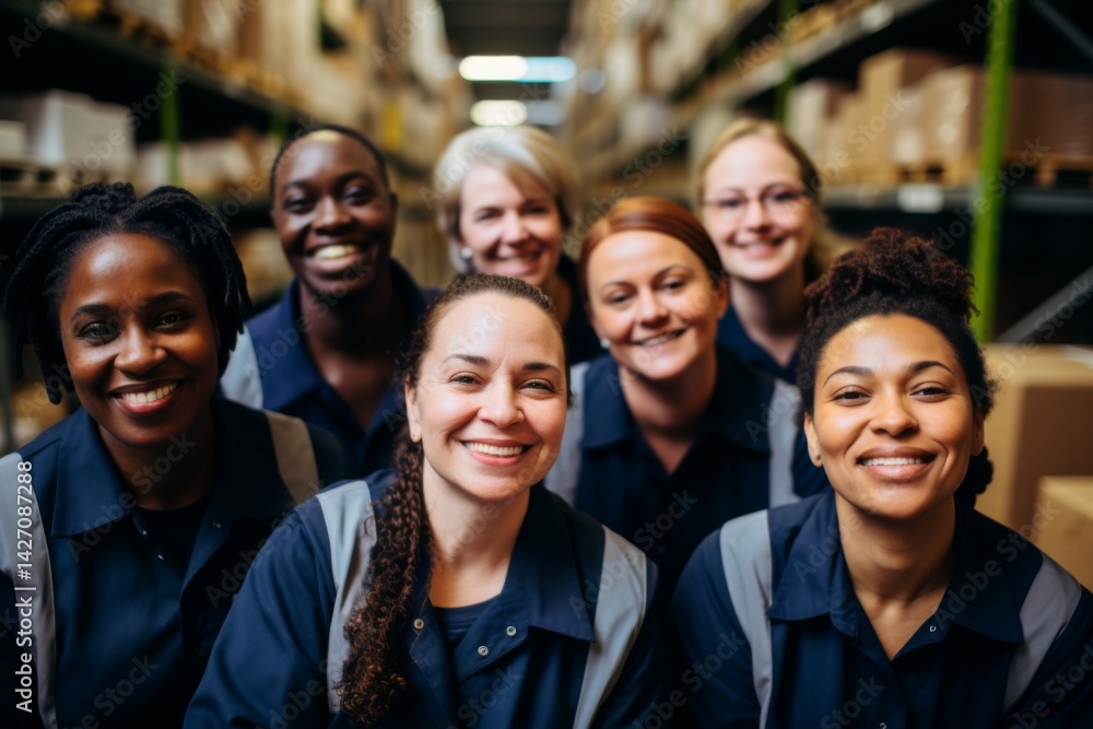 Smiling portrait of a diverse group of female warehouse workers and managers working in a warehouse