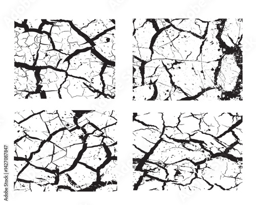 Cracked soil texture in black and white with natural patterns of dried earth, ideal for environmental, nature backgrounds, or distressed textures