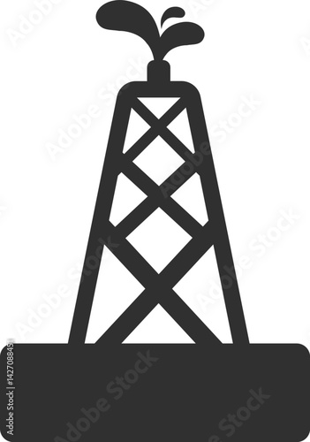 Silhouette of an industrial metal tower with oil spouting from it, indicating oil extraction or refining equipment.