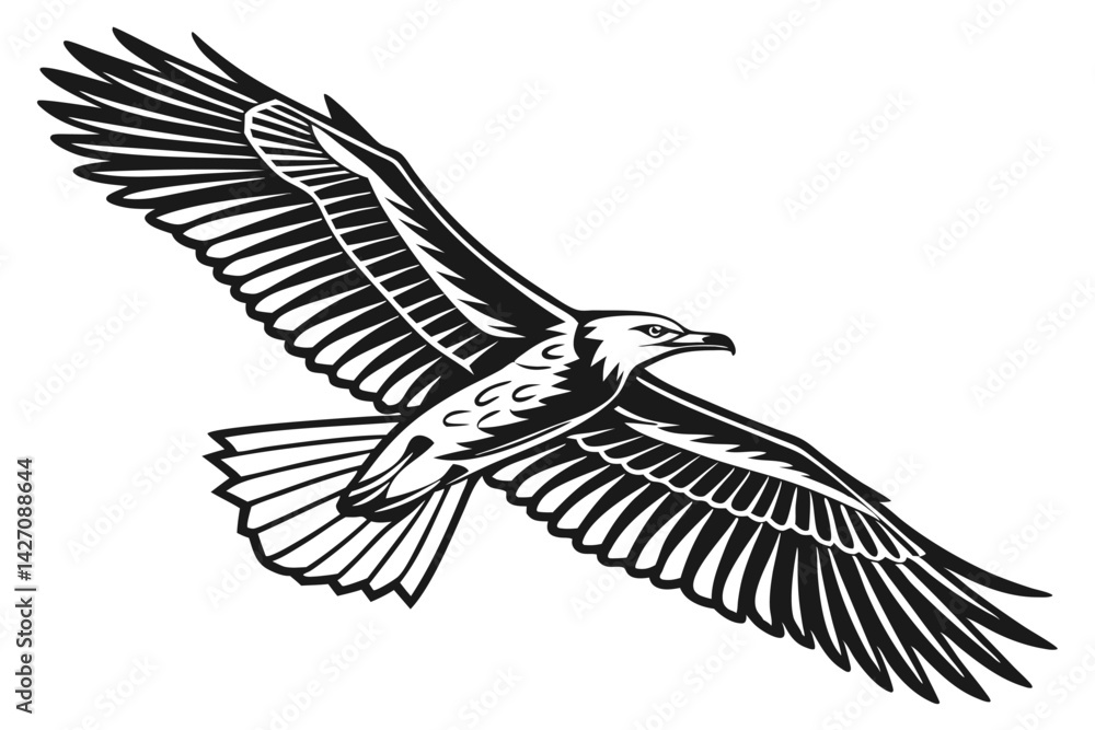 Obraz premium Majestic Eagle in Flight – Black and White Woodcut Style Wildlife Illustration