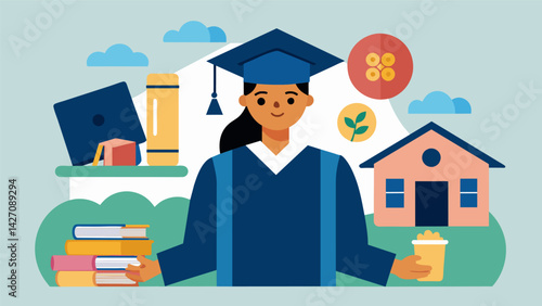 A graduate foregoing social activities and experiences in order to save money for loan repayments.. Vector illustration