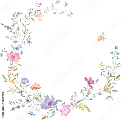Watercolor floral wreath with delicate colorful wildflowers. Hand drawn illustration. vector EPS.