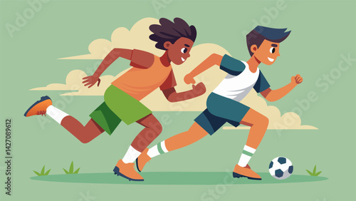 Budding soccer stars race each other their feet pounding against the grass as they compete in a speed and agility training exercise.. Vector illustration