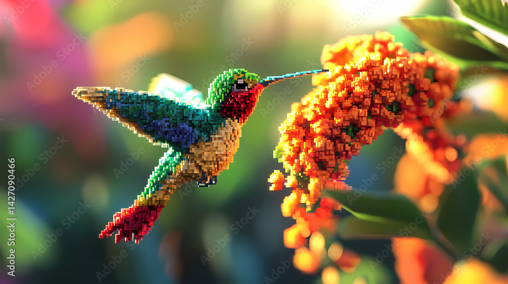 Obraz premium 3d pixel art hummingbird in a flower garden - a digital illustration of a hummingbird as an athlete in a sports competition. Voxel Flower. Illustration