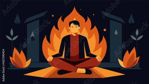 A man sits in front of a fireplace the flames a symbol of the burning resolve within his inner fortress of peace.. Vector illustration