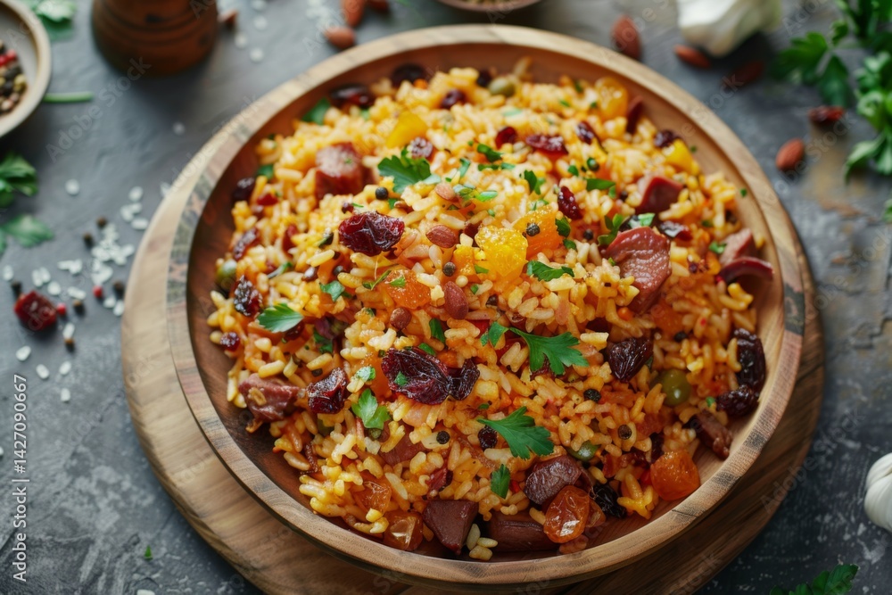 Azerbaijani pilaf with meat and dried fruits on platter Azerbaijani pilaf with meat and dried fruits on platter