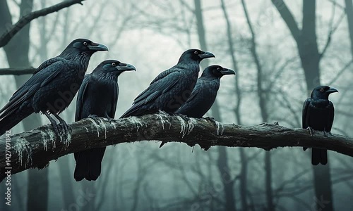 A group of ravens perched on a foggy branch in a mysterious forest setting