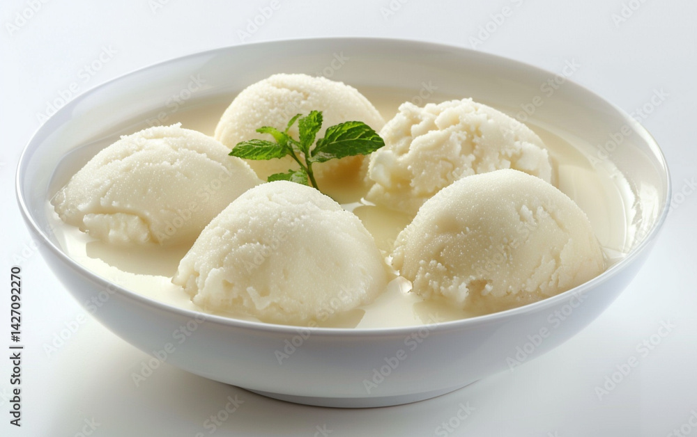 Soft and spongy Rasgulla cheese balls soaked in a light, sweet syrup, garnished with mint in a white bowl. Soft and spongy Rasgulla cheese balls soaked in a light, sweet syrup, garnished with mint in a white bowl.