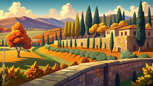 Very beautiful Old stone walls with cypress trees in Provence fall landscape, provence, wall, provence, wall, foliage, countryside, nature
