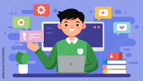 A young student proudly presents their final project in their online language class demonstrating their understanding of the language and culture they. Vector illustration