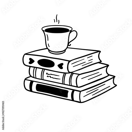 Vector books clipart. Cosy books with cup of tea or coffee, black and white vector book illustration