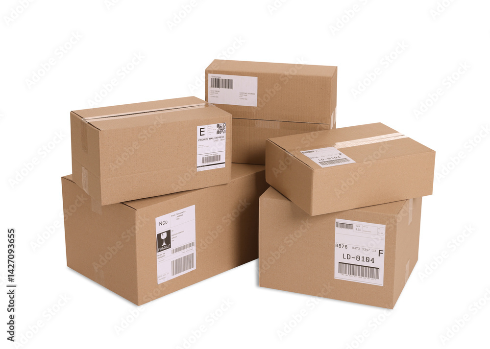 Fototapeta premium Many parcels with shipment labels isolated on white