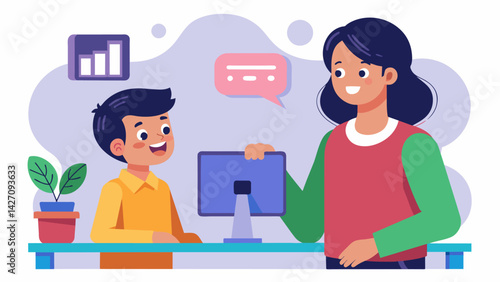 A parent watching as their child uses a voiceactivated AI homework helper to create a speech for their English class.. Vector illustration