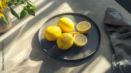 Wallpaper Mural Lemons on dark ceramic plate with moody shadows and cloth Torontodigital.ca