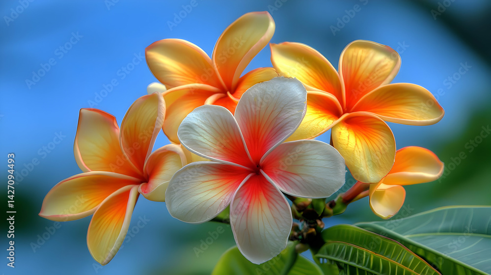 Fototapeta premium Closeup Of Vibrant Orange And White Frangipani Flowers