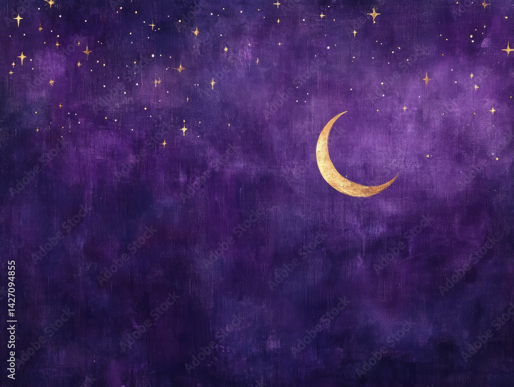 Fototapeta premium Purple night sky with crescent moon and twinkling stars