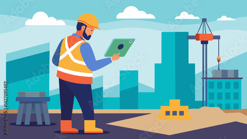 A worker using AR to detect any potential structural issues with the foundations of a building before construction begins.. Vector illustration