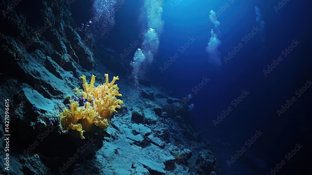 Fototapeta premium Yellow coral and bubbles are seen underwater with divers present