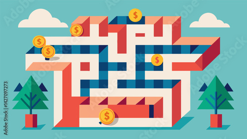 A maze with the exit representing financial stability and the walls made up of different repayment plans and options for income share agreements.. Vector illustration