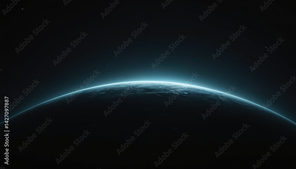 Fototapeta premium Illustration of mysterious dark planet with glowing horizon. Cosmic landscape with celestial objects like stars in the dark sky. Concept of alien world with a light. Space illustration concept.