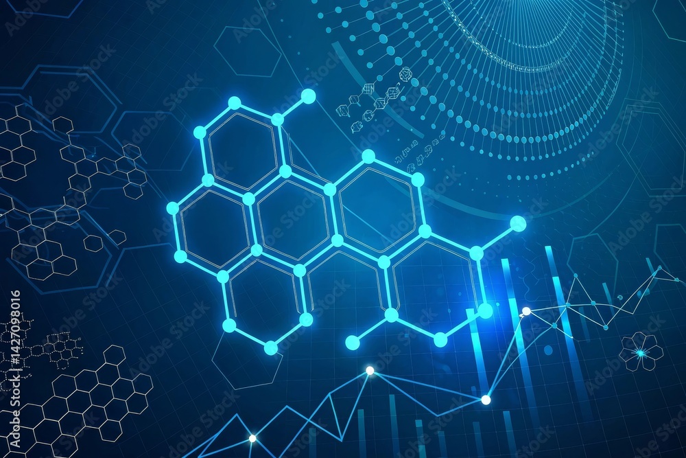 Stylized digital illustration showcasing a molecular structure with intricate lines and data visualization elements in a blue color scheme Stylized digital illustration showcasing a molecular structure with intricate lines and data visualization elements in a blue color scheme