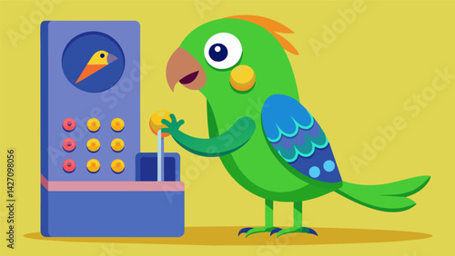 A crafty parakeet pressing buttons on a smart toy treat dispenser trying to figure out the sequence to unlock a tasty snack.. Vector illustration